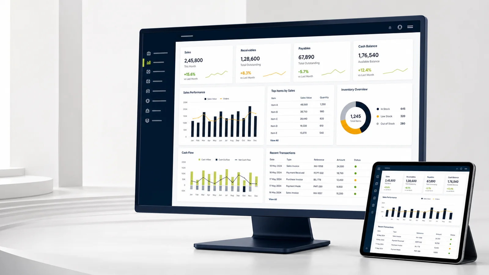 Panel de DS-Commerce ERP con indicadores de ventas, inventarios y flujo financiero
